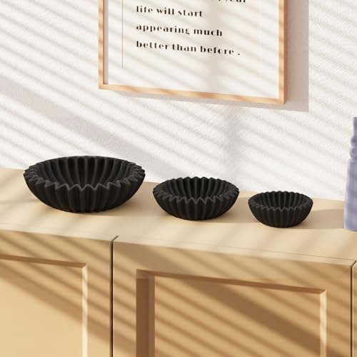 Small Ceramic Bowl Black Decorative Bowl, Modern Home Decor Centerpiece 6 Inches Key Jewelry Ruffle Fluted Scalloped Bowl