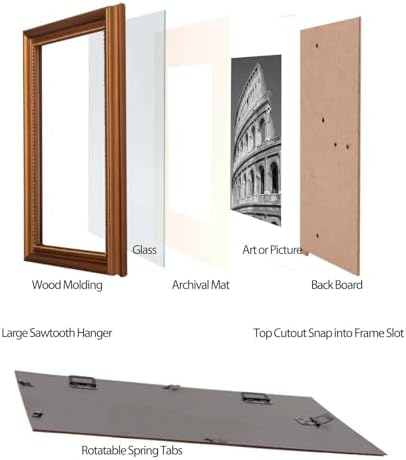 11x14 in Wood Classic Gallery Picture Frame, Ornate Beaded Inner, Matted for 8x10 Photo, Vertical or Horizontal Display, Brushed Brown Brass