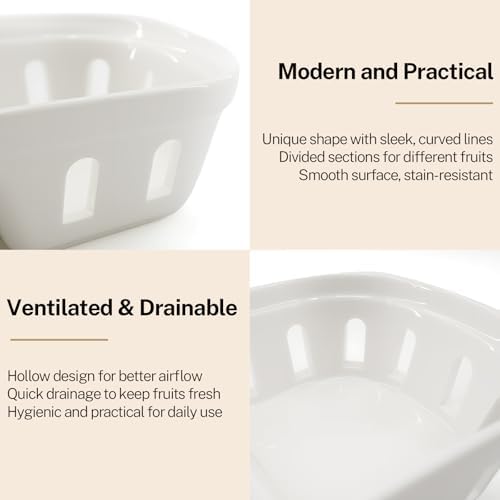 Ceramic Berry Basket, 2 in 1 Square Fruit Bowl with Holes, Ceramic Colander for Kitchen, Refrigerator, Counter, Holds Berries, Strawberries, Grapes, Cherries, Vegetables (White)