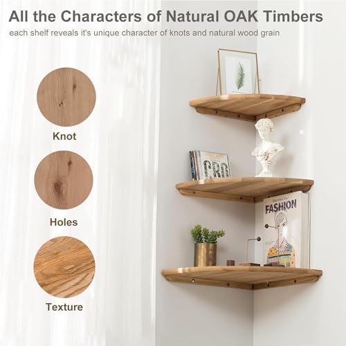 Corner Shelf, Solid Oak Wood Floating Corner Shelf Wall Mount Round End Floating Speaker Shelves with Wire Hole for Small Plant Photo for Bedroom Kitchen, Living Room