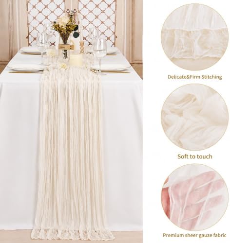 20 Pack Cream White Table Runner 10Ft Cheesecloth Table Runner Boho Gauze Cheese Cloth Table Runners Romantic Long Sheer Fabric Table Runners for Wedding Party