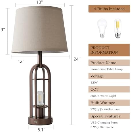 SRJJA 24" Table Lamps for Living Room Set of 2, Rustic Farmhouse 3-Way Dimmable Touch Industrial Bedside Lamps with USB A+C for Bedroom Nightstand,4 Bulbs Included
