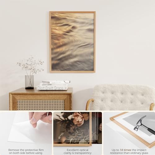 Fun Memories 18x24 Poster Frame, Solid Oak Wood Poster Frames, Modern Photo Frame for Wall 18x24 with 16x20 Mat, High Definition Plexiglass & Wall Hook Included (Beige, 1 Pack)
