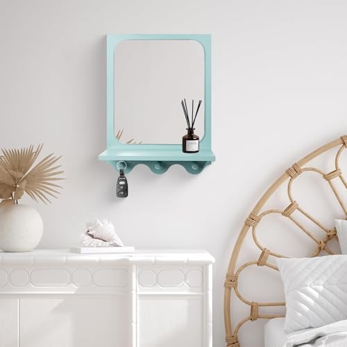 16 x 12 Inch Wooden Framed Wall Mounted Mirror with Shelf and 3 Hooks, Small Real Glass Entryway Hanging Mirror for Bedroom Bathroom Living Room, Blue