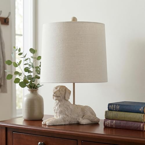 18.5" Distressed White Retriever Dog Table Lamp, Oatmeal Hardback Shade