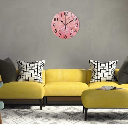 Naanle Stylish Spring Beautiful Pink Cherry Blossom Print Round Wall Clock, 9.5 Inch Battery Operated Quartz Analog Quiet Desk Clock for Home,Office,School