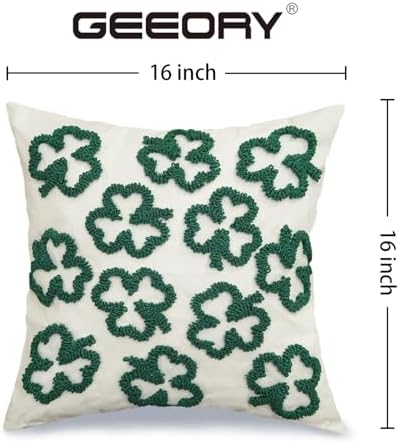 GEEORY St. Patrick's Day Pillow Covers 16x16 Inch Set of 2, Embroidered Shamrock Canvas Throw Pillow Cases, Farmhouse St. Patrick's Decor Cushion Covers for Sofa Bed Home Decorations