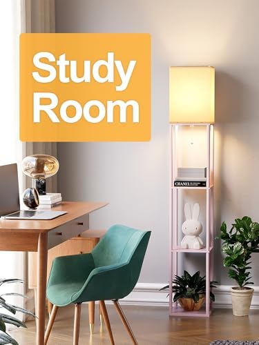 Pink Floor Lamp with Shelves for Living Room, Shelf Floor Lamp with 3 CCT LED Bulb, Corner Display Standing Column Lamp Etagere Organizer Tower Nightstand with White Linen Shade for Bedroom, Office