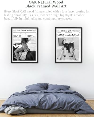 iHery 16x20in Cowgirls Go Coastal Framed Newspaper Wall Art | Premium Black Natural OAK Wood Frame with Canvas Print, Western Horseback Decor for Bedroom, Dorm, Living Room 1Pack