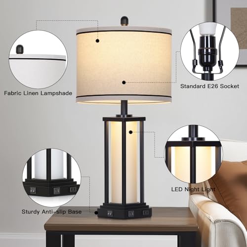 27inch Tall Bedside Table Lamps with Charging Ports for Living Room,Traditional Lamp with Night Light for Bedroom Nightstand,Single Black