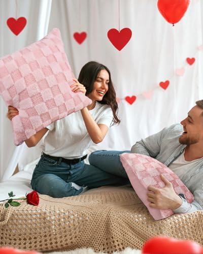 Valentines Pillow Covers 18x18 Inch Set of 2 - Plush Faux Fur PK White 3D Checkered Valentines Day Jacquard Throw Pillow Covers Decorations Soft Home Decor for Couch, Sofa, or Bed