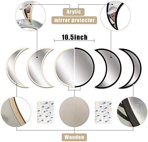 MAXROCK Moon Phase Mirror Set, 5 Piece Scandinavian Natural Decor Wall Decorative Home Decor Bohemian Moon Mirror for Living Room Bedroom, Acrylic Mirror, Not Real Mirror