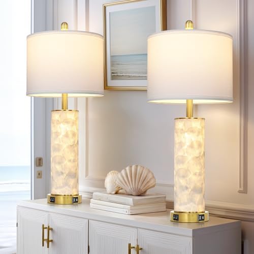 29" Coastal Seashell Table Lamp for Living Room Set of 2, Bedroom, Bedside Nightstand Lamp with Night Light, Seashell Lamp with USB A+C Ports Cottage Beach House Accent Lamp, LED Bulb Included(Gold)