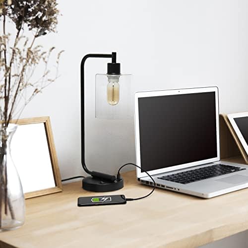 Simple Designs LD1066-BLK-LB Industrial Vintage Bronson Iron Lantern Desk Table Lamp with USB Port and Glass Cylinder Shade for Office, Living Room, Bedroom, Black, with Feit LED Bulb Included