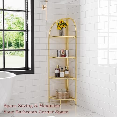 Crofy 4-Tier Foldable Corner Shelf, Metal Gold Frame & Transparent Shelves