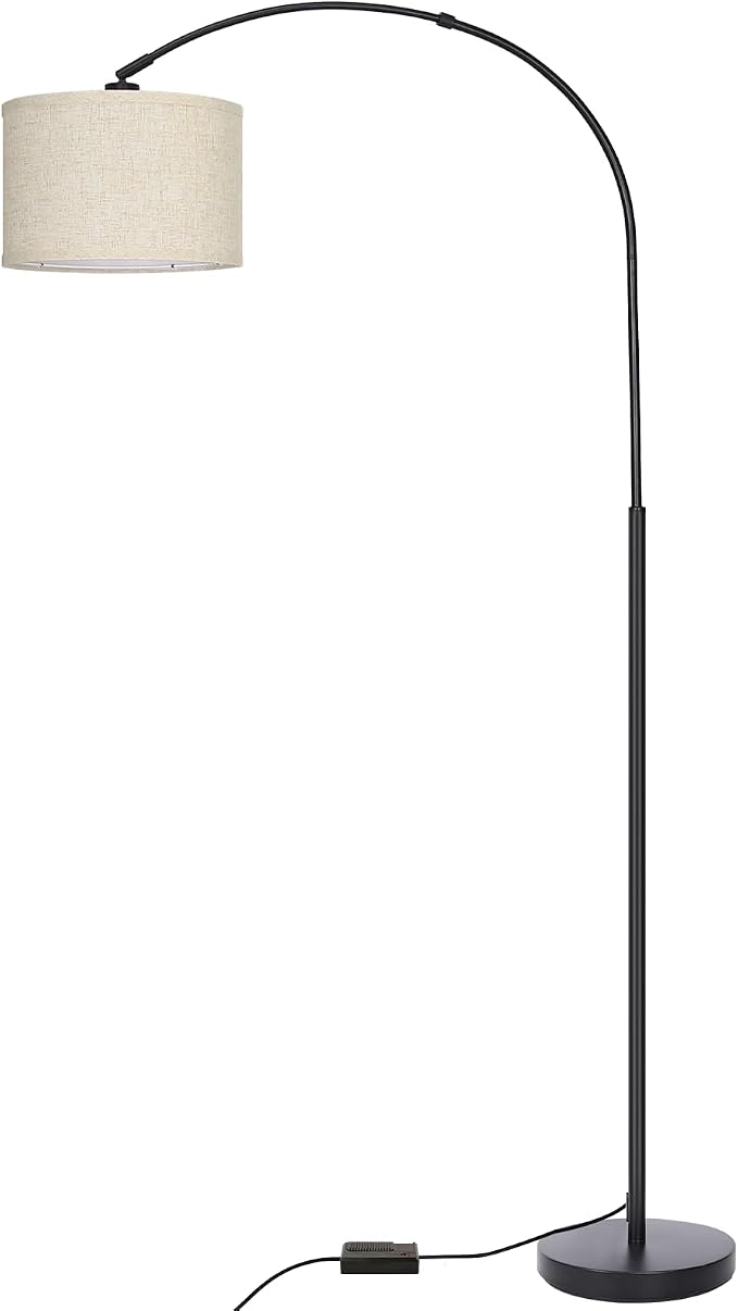 Dimmable Floor Lamp, Arc Floor Lamp with Dimmer, Black Standing Lamp with Adjustable Hanging Shade, Over Couch Tall Reading Light, Modern Pole Lamp for Living Room Bedroom, 9W LED Bulb Included