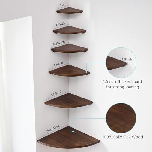 Corner Shelf, Solid Oak Wood Floating Corner Shelf Wall Mount Round End Floating Speaker Shelves with Wire Hole for Small Plant Photo Frame for Bedroom Kitchen, Living Room (Walnut, 7in)