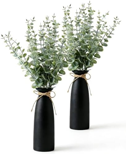 Vase with Greenery,20pcs Artificial Eucalyptus Stems in Black Vase 2 Packs, Boho Home Decor Plant, 19" Decorative Fake Plants for Home Farmhouse Mantle Centerpiece Decor