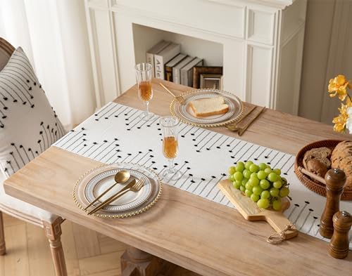 Boho Table Runner 13 x 60 Inch Long Natural Cotton Woven Runner with Tassels for Home Dining Table décor, for Modern Farmhouse Decor Coffee Table Runner, Black and Beige