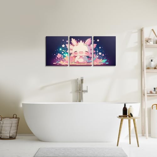 Feelyou Cute Axolotl Canvas Wall Art for Living Room Wall Decor for Bedroom Bathroom Cartoon Salamander Paintings Modern 3 Piece Framed Canvas Art Prints Ready to Hang Star Print Pictures Home Decor