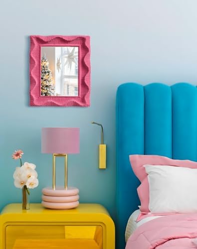 Modern Aesthetic Mirror for Girly Bedroom Wall Decoration,Rose Pink | 9.5x7.5" Wavy Frame,Soft Velvet-like Touch,Table Makeup Mirror for Creative Workspace,Room Makeover Gift for Daughter Sister