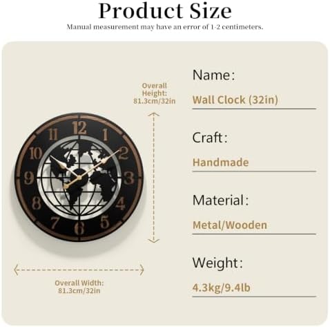 Large World Map Wall Clock,32" Wooden Minimalist Modern Clock
