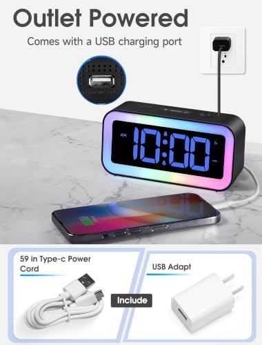 Cadmos Loud Alarm Clock for Bedrooms with Dynamic RGB Night Light,Heavy Sleepers Adults,Dual Alarm,Dimmer,USB Charger,Small Bedside Digital Clock with LED Display for Kids,Teens,Seniors (Black)