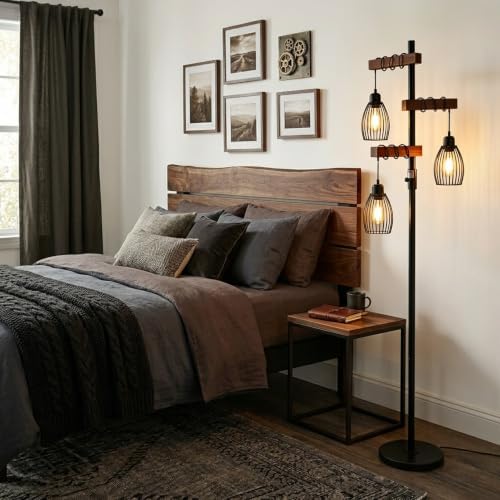 Industrial Floor Lamps for Living Room, Stable Standing Lamp with Metal Cage Shade, Wood Floor Lamp for Bedroom Reading Office, Dimmable Tall Lamp Rustic Home Decor Corner Lamp