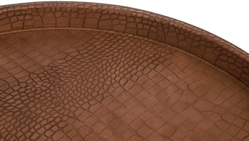 HofferRuffer Round Serving Tray 20'', Elegant Faux Leather Circle Ottoman Table Tray, Serve Tea Coffee Breakfast in Bedroom Living Room Kitchen (Brown)