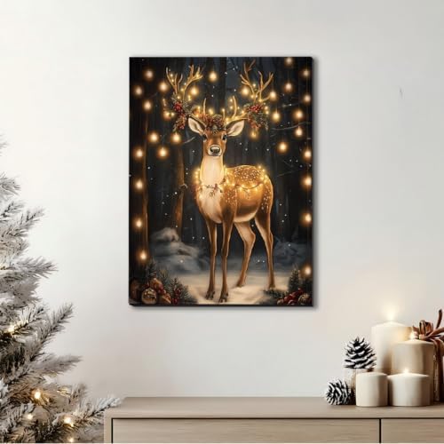 FLZYKGPA Christmas Reindeer Wall Art Framed 12x18, Cottage Winter Forest Wildlife Deer Picture Wall Decor, Rustic Xmas Cozy Winter Hanging Canvas Prints for Home Bedroom Living Room Decoration