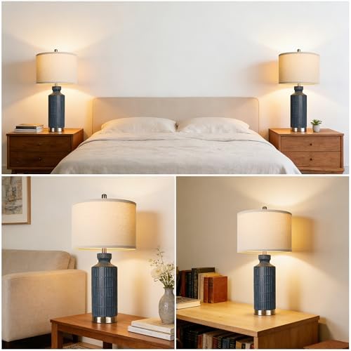 26" Navy Blue Ceramic Table Lamp Set of 2, Modern Desk Lamp, Metal Base