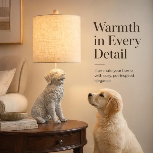 24.75" Sitting Golden Retriever Lamp, Whitewash, Textured Linen Shade