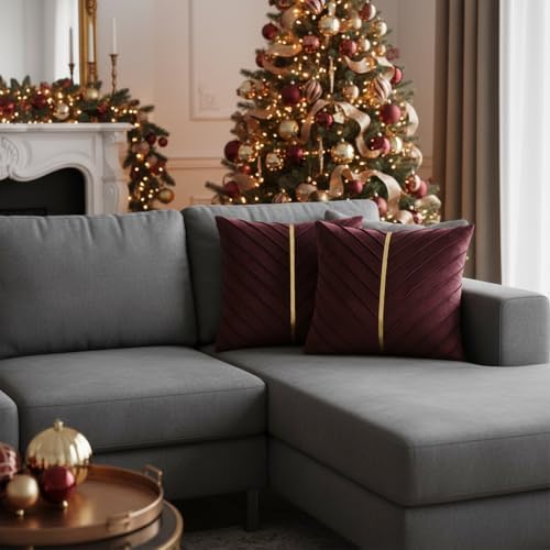 Velvet Throw Pillow Covers 20x20 inch Pack of 2 Gold Decor Burgundy