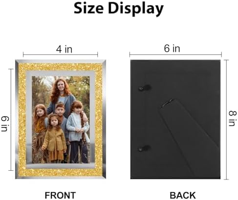 HIKWADERY 4x6 Picture Frames Gold - Set of 4, Sparkle Real Glass 4 by 6 Photo Frame with Silver Mirrored Edge, for Tabletop Display, Wedding Birthday Mothers Day Gifts (4 x 6, Glitter Gold)