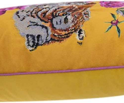 JWH Yellow Tiger Pillow Covers Decorative Flower Embroidered Throw Pillow Colorful Accent Pillow Case Velvet Cushion Luxury Pillowcase for Bed Couch Bedroom Office Decor 12x20 Inches