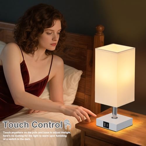 Touch Table Lamp for Bedroom - Dimmable, USB C+A, White Lamphade White Base