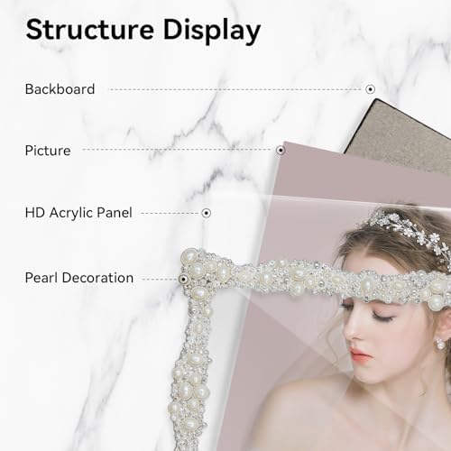 DIKAR 6x8 Picture Frame with Pearl for Wedding, Silver Plated with HD Acylic Finish Photo Frames with Rhinestones for Horizontal and Vertical Decor Tabletop Display