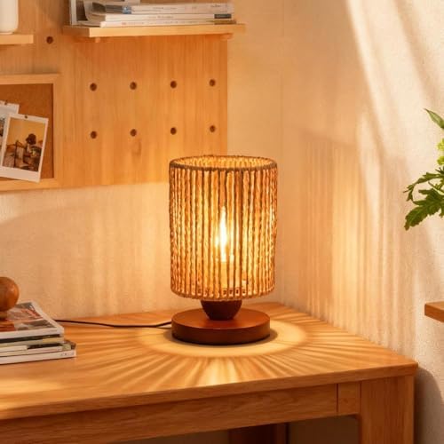 Handmade Rattan Lamp Boho Table Lamp for Bedroom, Stepless Dimming Small Woven Lamps for Night Stands with Warm White LED Bulb, Coastal Boho Lamp for Living Room Reading Nook Office Desk