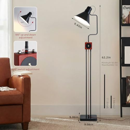 Industrial Adjustable Floor Lamp, 50"-66" Tall Vintage Reading Standing Lamp with Retro Wooden Toggle & Foot Switch, 180°/270° Swivel Metal Task Lamp for Living Room, Bedroom & Office, Black