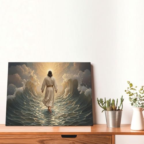 Jesus Walking on Water Wall Art Jesus Christian Spiritual Wall Decor Pictures Bible Story Canvas Prints Painting God Faith Artwork Decoration for Bathroom Bedroom Living Room Framed Gifts 12"x16"