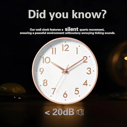 Mosewa Small 8 Inch Wall Clock Battery Operated Silent Non Ticking Analog | Rose Gold modern clock; oversized 3D easy-read dial for kitchen, bedroom & office; 1 AA battery (not included)