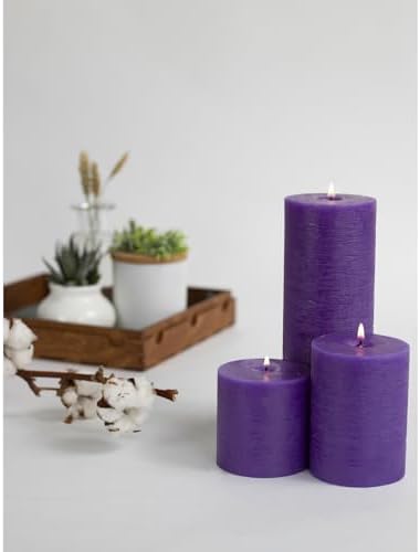 CANDWAX Assorted Pillar Candles Set of 3 – Sizes 3", 4", 8" Unscented Dripless Large Candles, Rustic Style for Weddings, Events, Home Decor – Purple