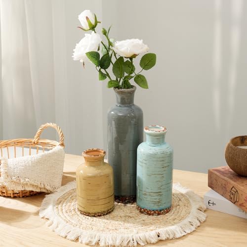 Vintage Ceramic Flower Vase Set of 3, Rustic Farmhouse Vase for Home Decor, Distressed Decorative Vase for Table Entryway Mantel Centerpiece Living Room Bathroom Bedroom (Gray Blue Stripe)