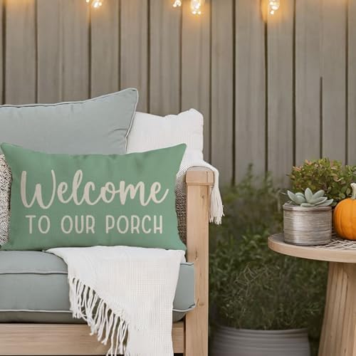 PANDICORN Outdoor Pillow Covers 12x20 Welcome to Our Porch Eucalyptus Green