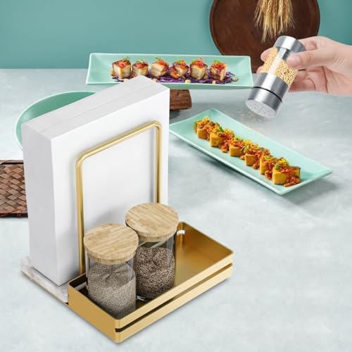 STWWO Marble Napkin Holder with Salt and Pepper Shakers Caddy, Gold