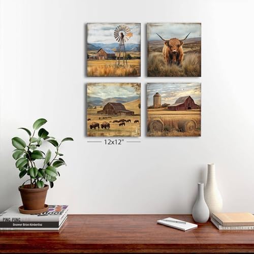 Farmhouse Wall Art Rustic Country Kitchen Wall Decor Highland Cow Pictures | 12x12" 4Pcs Fall Windmill Barn Canvas Prints Western Country Landscape Wall Decor Bison Wall Art for Living Room Bedroom