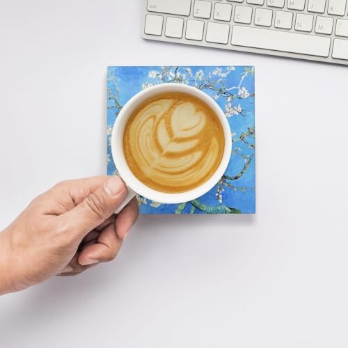 Coaster for Drinks Set of 6,Famous Van Gogh Paintings Absorbent Round Ceramic Stone Mat, with Cork Base and Metal Holder, Gift for Housewarming Room Bar Decor
