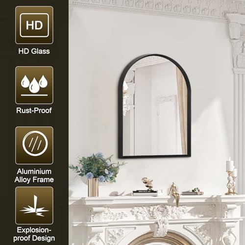 Black Arched Mirror, Modern Bathroom Wall Mirror Aluminum Alloy Framed Mirror Brushed Metal Vanity Wall Mounted Mirror for Livingroom Bedroom Entryway Room 16"x12"