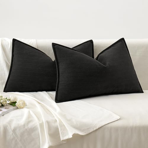 MIULEE Pack of 2 Black Decorative Lumbar Chenille Pillow Covers 12x20 Inch