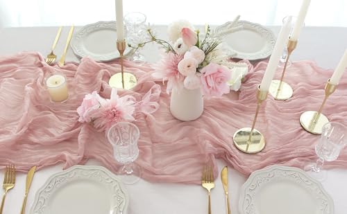 FEXIA 4Pcs Dusty Pink Cheesecloth Table Runner Wedding Bridal Shower Decor